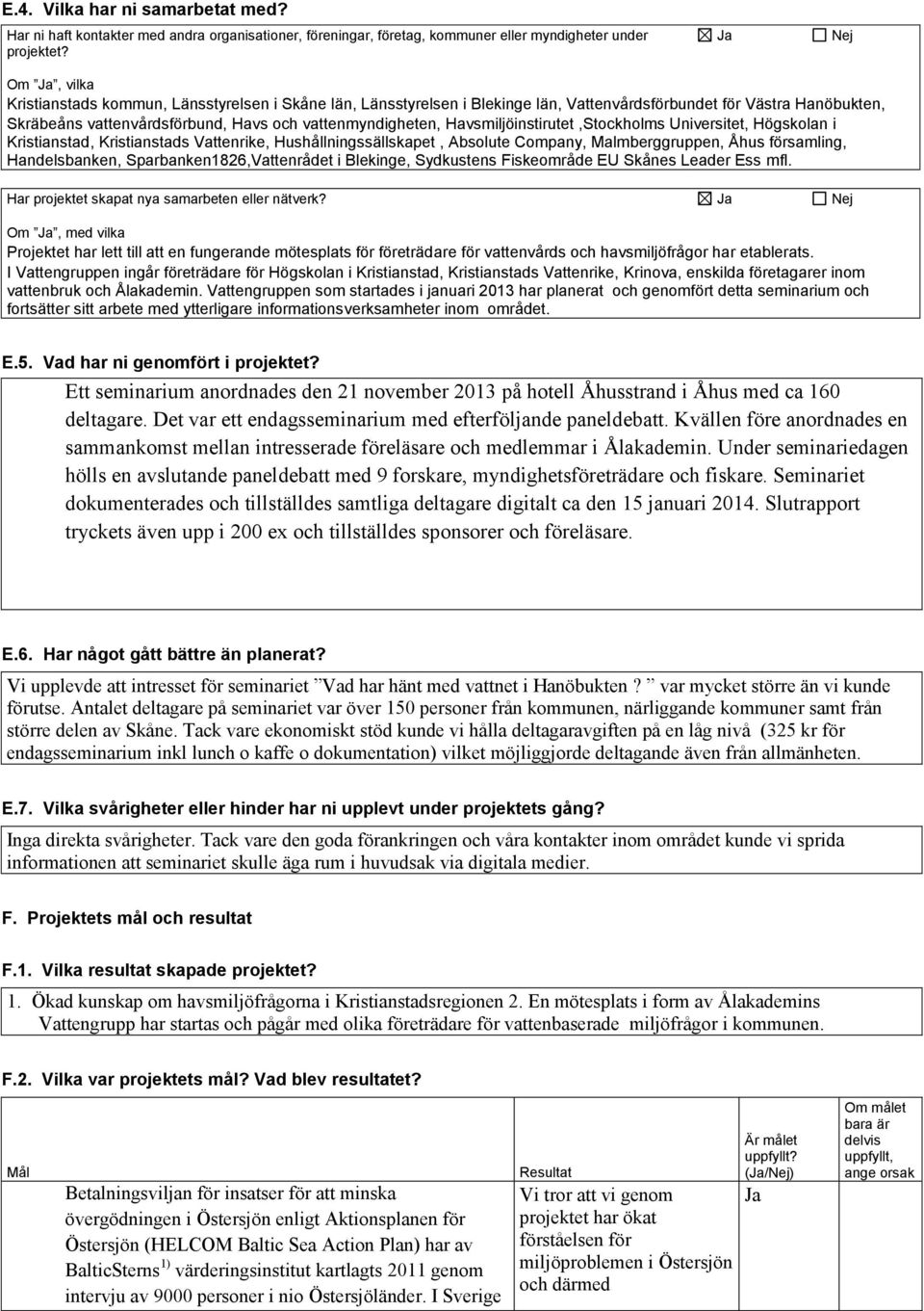 Havsmiljöinstirutet,Stockholms Universitet, Högskolan i Kristianstad, Kristianstads Vattenrike, Hushållningssällskapet, Absolute Company, Malmberggruppen, Åhus församling, Handelsbanken,