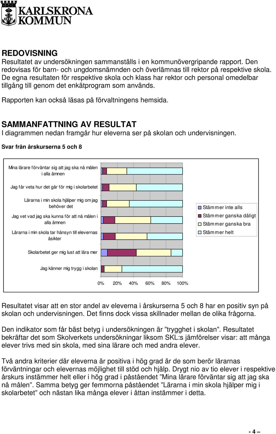 SAMMANFATTNING AV RESULTAT I diagrammen nedan framgår hur eleverna ser på skolan och undervisningen.