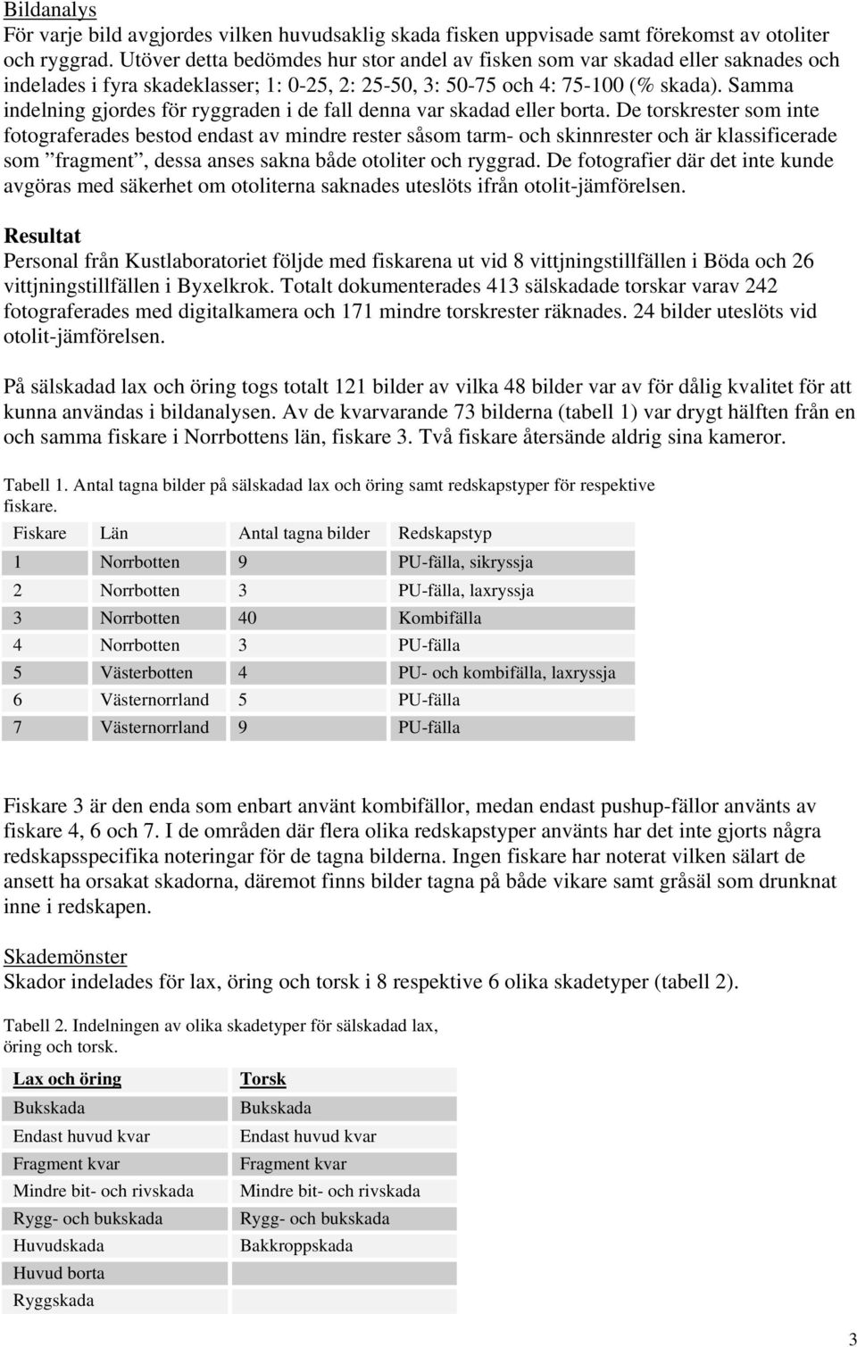 Samma indelning gjordes för ryggraden i de fall denna var skadad eller borta.