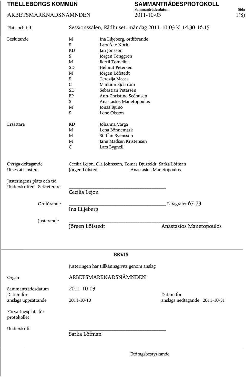 Ann-Christine eéhusen Anastasios anetopoulos Jonas Bjunö Lene Olsson Ersättare KD Johanna Varga Lena Bönnemark taffan vensson Jane adsen Kristensen C Lars Bygnell Övriga deltagande Cecilia Lejon, Ola