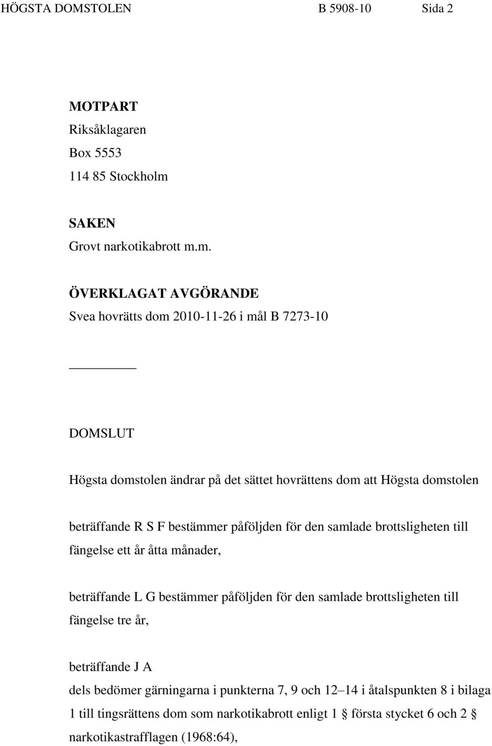 m. ÖVERKLAGAT AVGÖRANDE Svea hovrätts dom 2010-11-26 i mål B 7273-10 DOMSLUT Högsta domstolen ändrar på det sättet hovrättens dom att Högsta domstolen beträffande