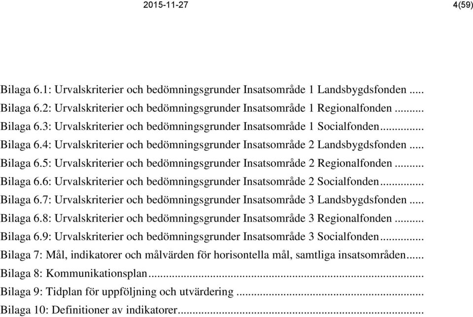 .. Bilaga 6.7: Urvalskriterier och bedömningsgrunder Insatsområde 3 Landsbygdsfonden... Bilaga 6.8: Urvalskriterier och bedömningsgrunder Insatsområde 3 Regionalfonden... Bilaga 6.9: Urvalskriterier och bedömningsgrunder Insatsområde 3 Socialfonden.