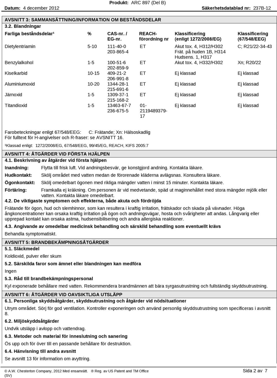 1 5 13463 67 7 236 675 5 REACHförordning nr Klassificering (enligt 1272/2008/EG) Klassificering (67/548/EEG) ET Akut tox. 4, H312/H302 Frät. på huden 1B, H314 Hudsens.