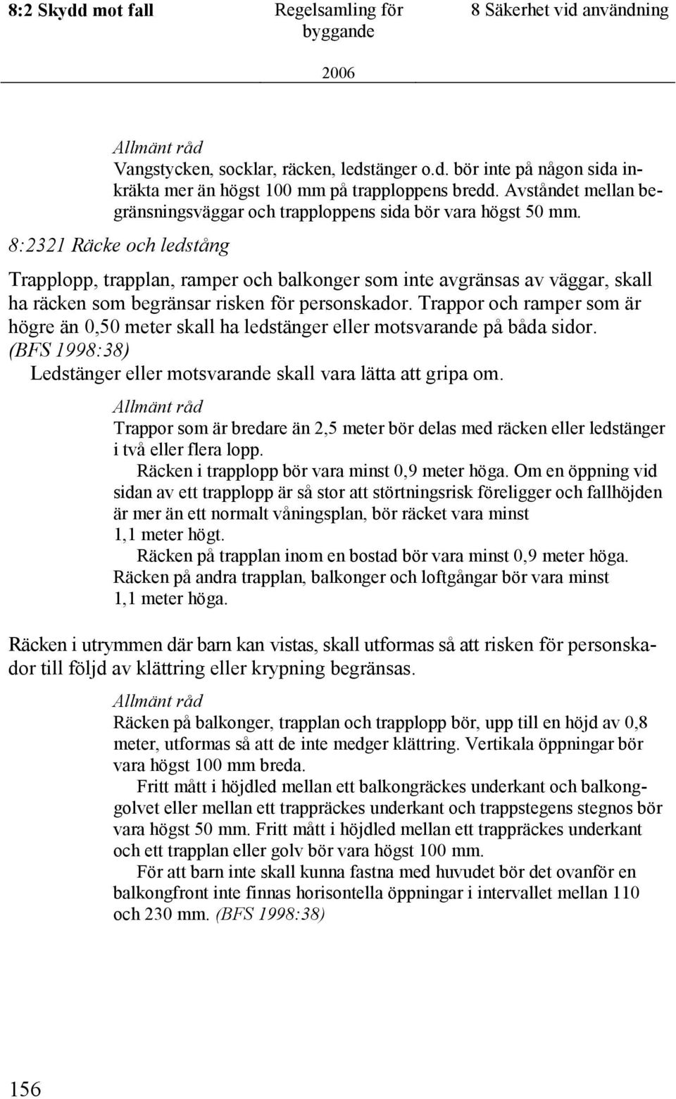 8:2321 Räcke och ledstång Trapplopp, trapplan, ramper och balkonger som inte avgränsas av väggar, skall ha räcken som begränsar risken för personskador.