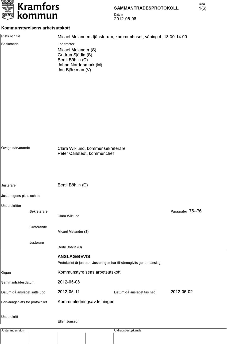 Carlstedt, kommunchef Justerare Bertil Böhlin (C) Justeringens plats och tid Underskrifter Sekreterare Paragrafer 75--76 Clara Wiklund Ordförande Micael Melander (S) Justerare