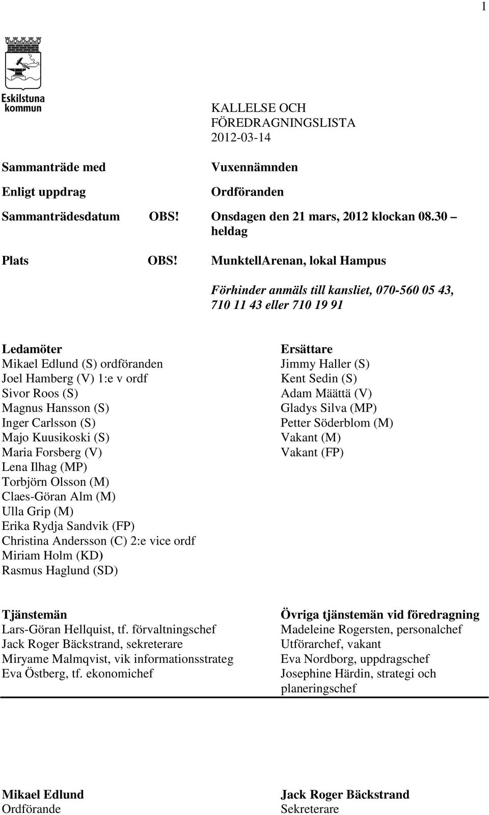 (S) Inger Carlsson (S) Majo Kuusikoski (S) Maria Forsberg (V) Lena Ilhag (MP) Torbjörn Olsson (M) Claes-Göran Alm (M) Ulla Grip (M) Erika Rydja Sandvik (FP) Christina Andersson (C) 2:e vice ordf