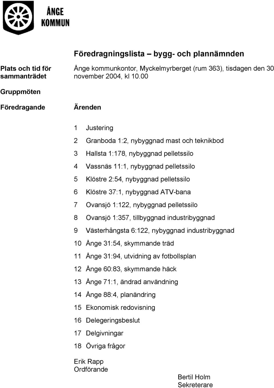 pelletssilo 6 Klöstre 37:1, nybyggnad ATV-bana 7 Ovansjö 1:122, nybyggnad pelletssilo 8 Ovansjö 1:357, tillbyggnad industribyggnad 9 Västerhångsta 6:122, nybyggnad industribyggnad 10 Ånge 31:54,