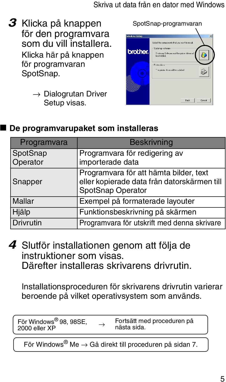 " De programvarupaket som installeras Programvara SpotSnap Operator Snapper Mallar Hjälp Drivrutin Beskrivning Programvara för redigering av importerade data Programvara för att hämta bilder, text