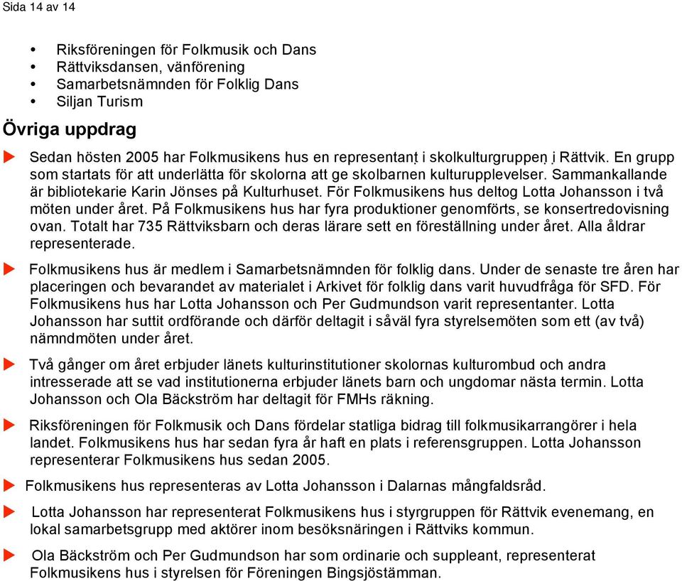 För Folkmusikens hus deltog Lotta Johansson i två möten under året. På Folkmusikens hus har fyra produktioner genomförts, se konsertredovisning ovan.