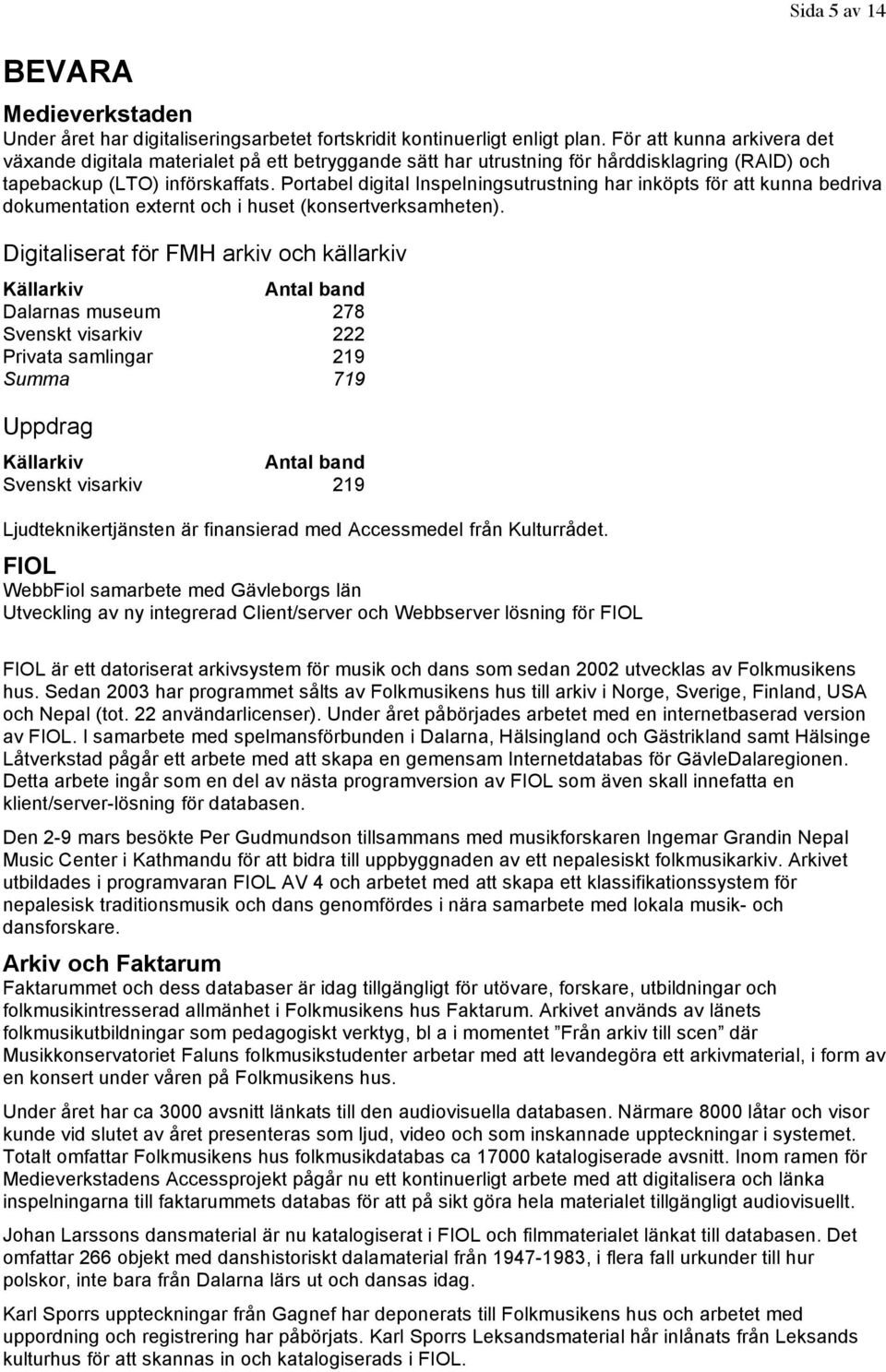 Portabel digital Inspelningsutrustning har inköpts för att kunna bedriva dokumentation externt och i huset (konsertverksamheten).