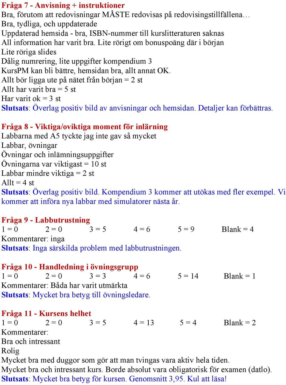 Allt bör ligga ute på nätet från början = 2 st Allt har varit bra = 5 st Har varit ok = 3 st Slutsats: Överlag positiv bild av anvisningar och hemsidan. Detaljer kan förbättras.