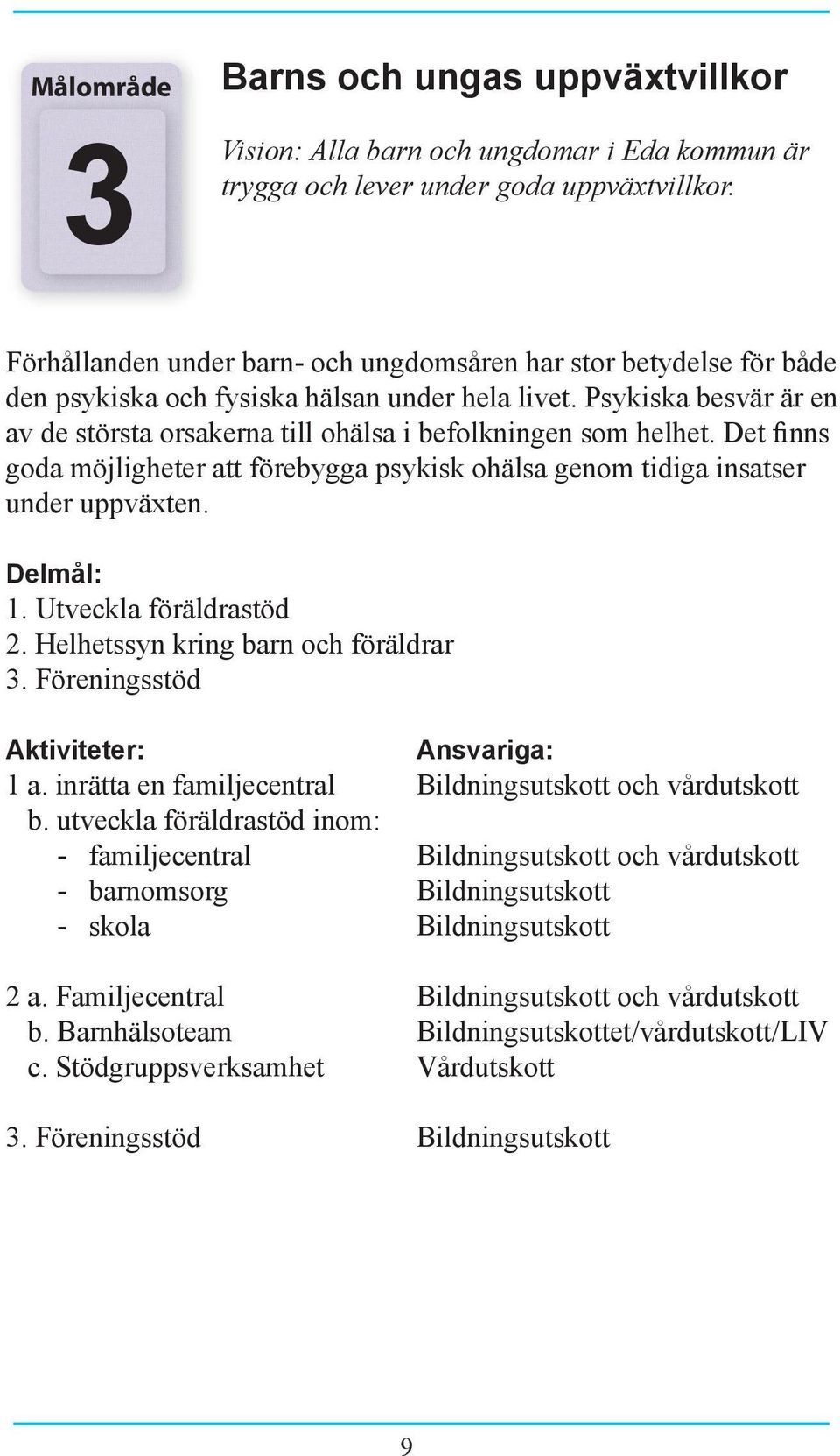 Psykiska besvär är en av de största orsakerna till ohälsa i befolkningen som helhet. Det finns goda möjligheter att förebygga psykisk ohälsa genom tidiga insatser under uppväxten. Delmål: 1.