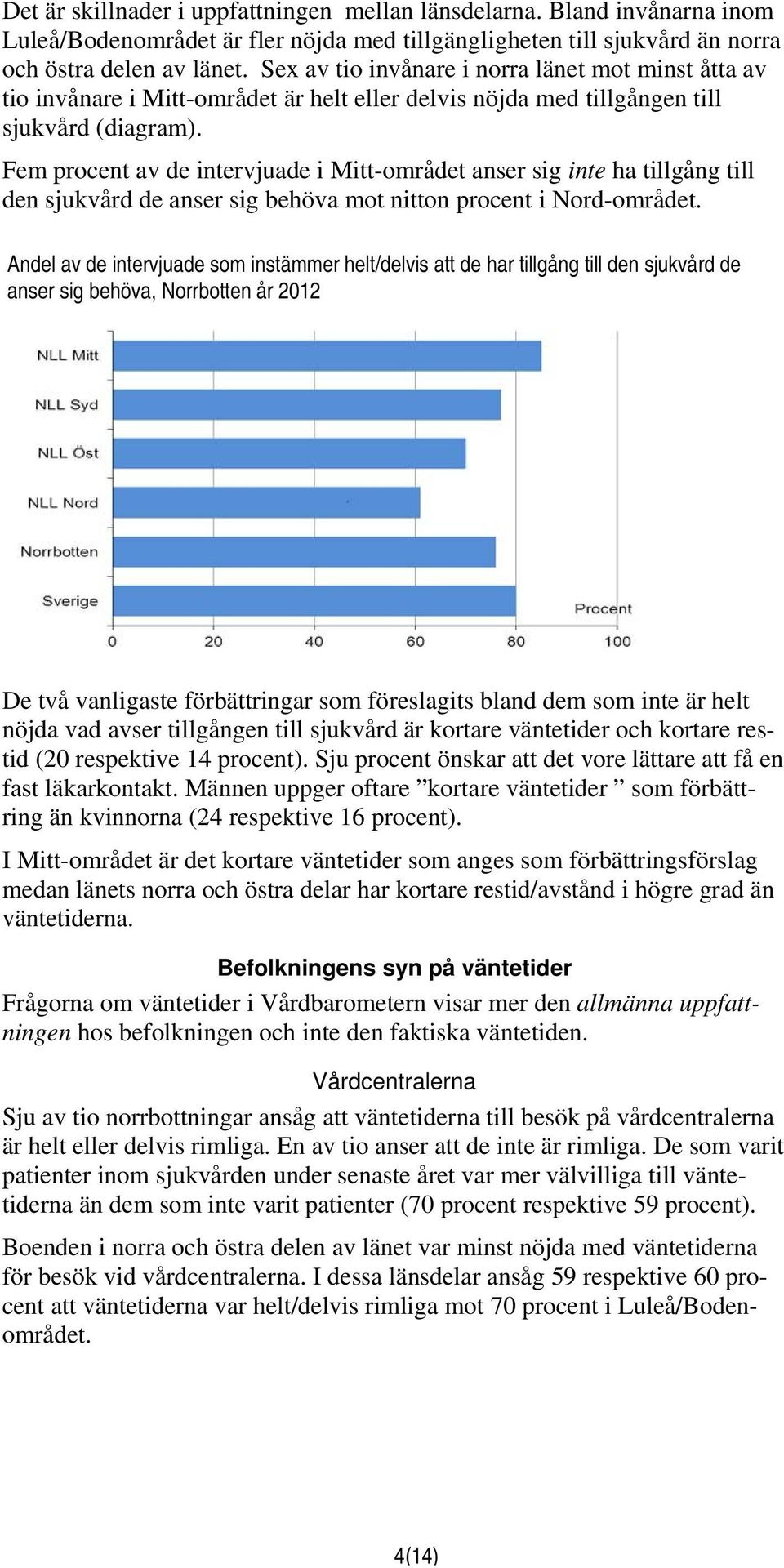 Fem procent av de intervjuade i Mitt-området anser sig inte ha tillgång till den sjukvård de anser sig behöva mot nitton procent i Nord-området.