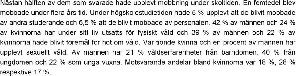 42 % av männen och 24 % av kvinnorna har under sitt liv utsatts för fysiskt våld och 39 % av männen och 22 % av kvinnorna hade blivit föremål för hot om våld.