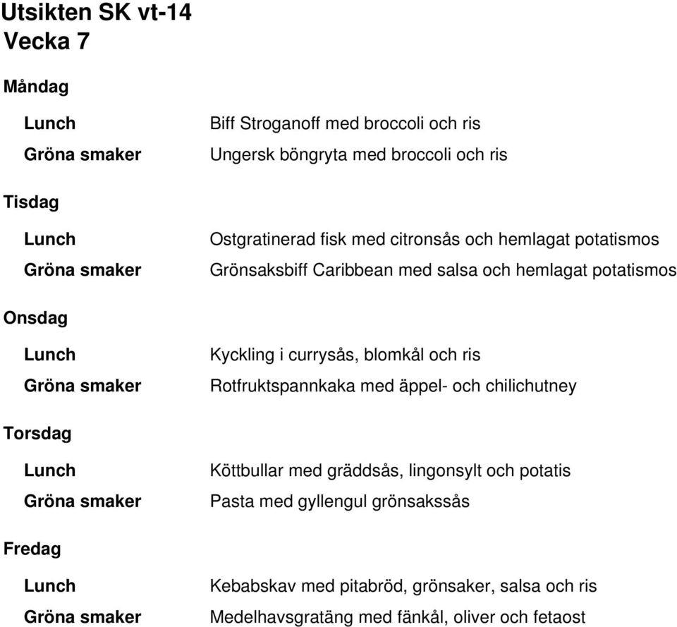 blomkål och ris Rotfruktspannkaka med äppel- och chilichutney Köttbullar med gräddsås, lingonsylt och potatis