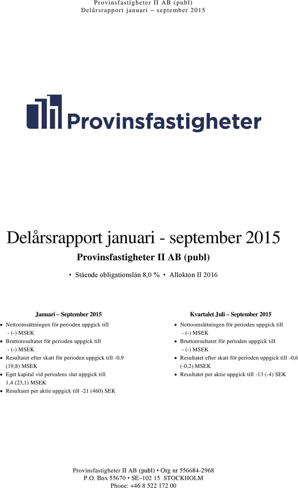 MSEK Resultatet per aktie uppgick till -21 (460) SEK Kvartalet Juli September Nettoomsättningen för perioden uppgick till Bruttoresultatet för perioden uppgick till