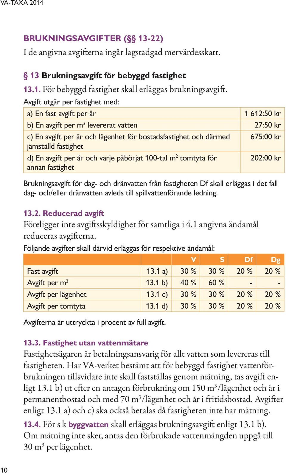 jämställd fastighet d) En avgift per år och varje påbörjat 100-tal m 2 tomtyta för 202:00 kr annan fastighet Brukningsavgift för dag- och dränvatten från fastigheten Df skall erläggas i det fall dag-