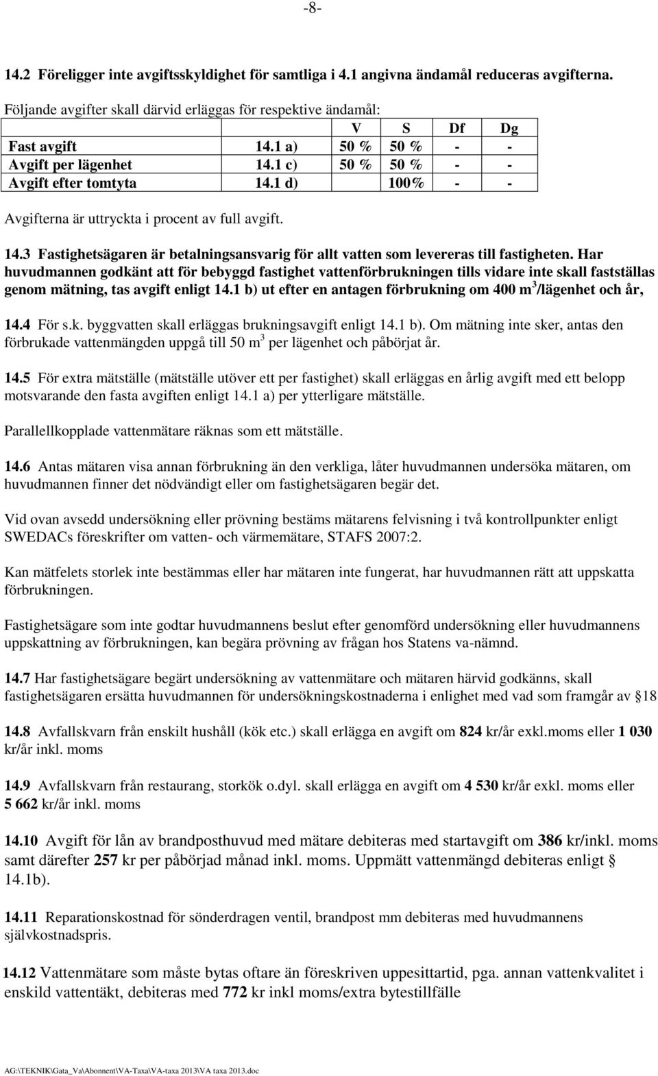 Har huvudmannen godkänt att för bebyggd fastighet vattenförbrukningen tills vidare inte skall fastställas genom mätning, tas avgift enligt 14.