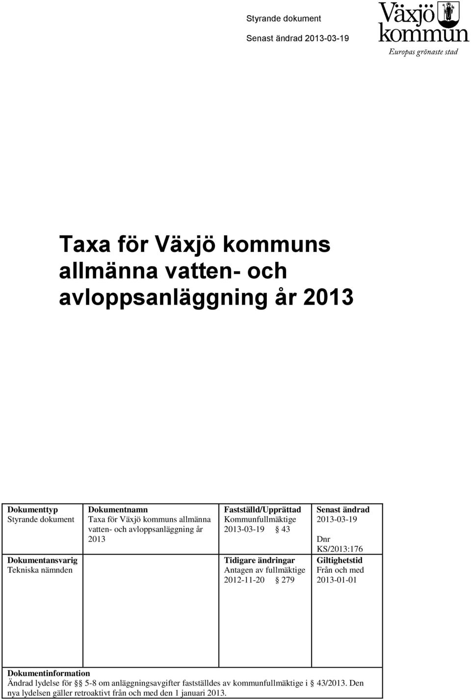 2013-03-19 43 Tidigare ändringar Antagen av fullmäktige 2012-11-20 279 Senast ändrad 2013-03-19 Dnr KS/2013:176 Giltighetstid Från och med 2013-01-01