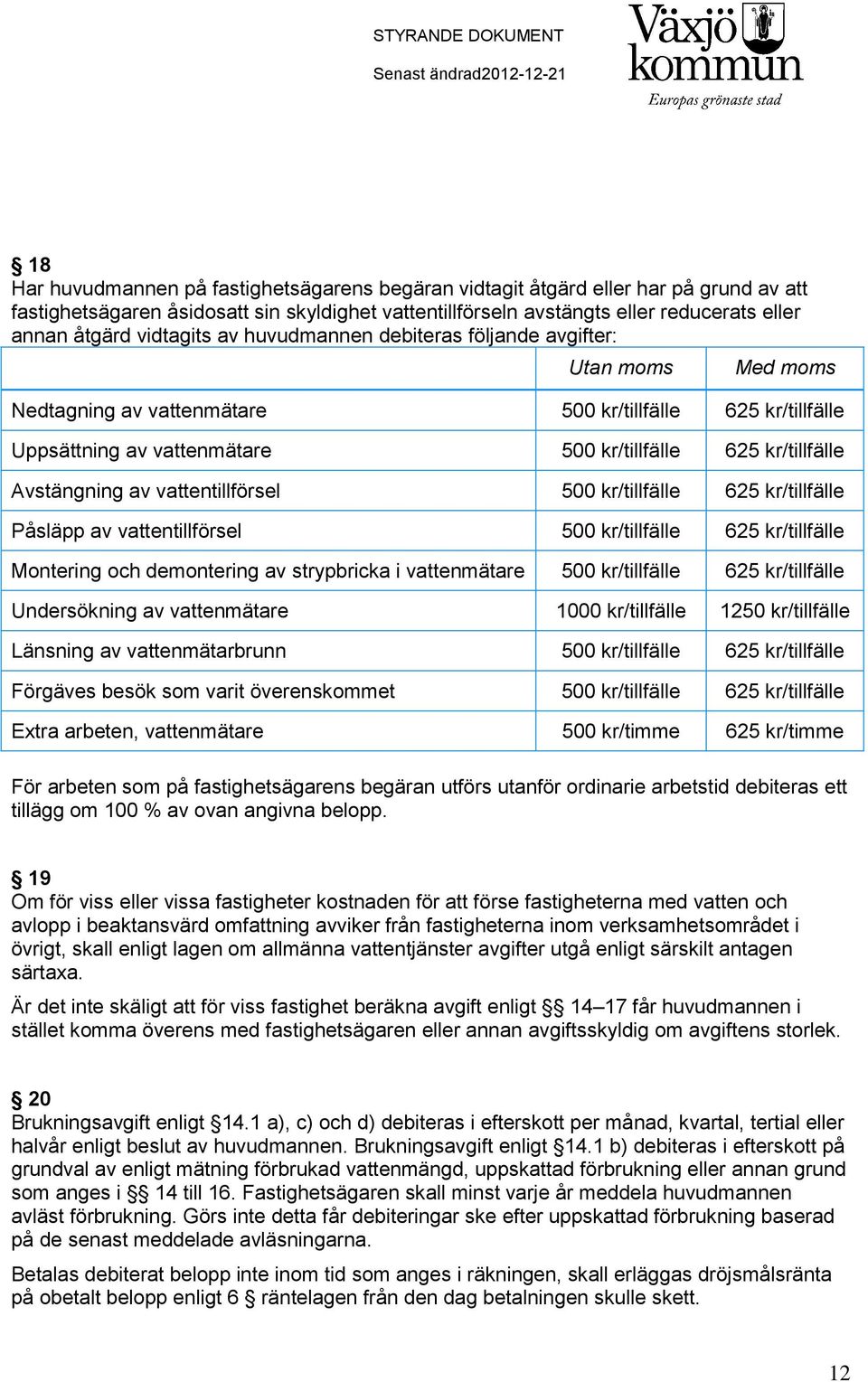 Avstängning av vattentillförsel 500 kr/tillfälle 625 kr/tillfälle Påsläpp av vattentillförsel 500 kr/tillfälle 625 kr/tillfälle Montering och demontering av strypbricka i vattenmätare 500