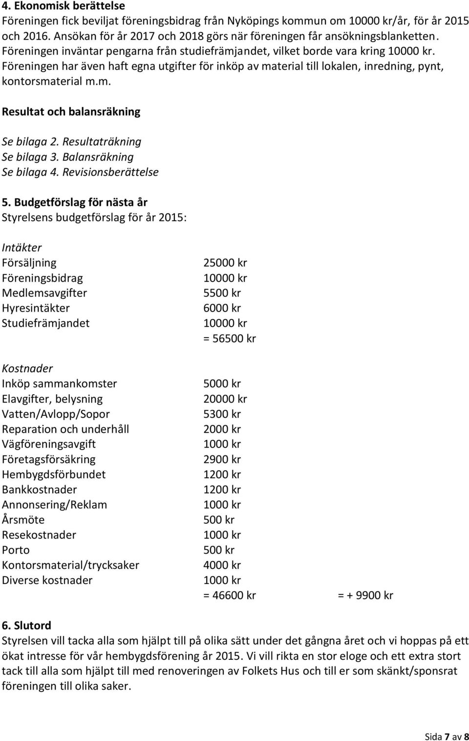 Resultaträkning Se bilaga 3. Balansräkning Se bilaga 4. Revisionsberättelse 5.