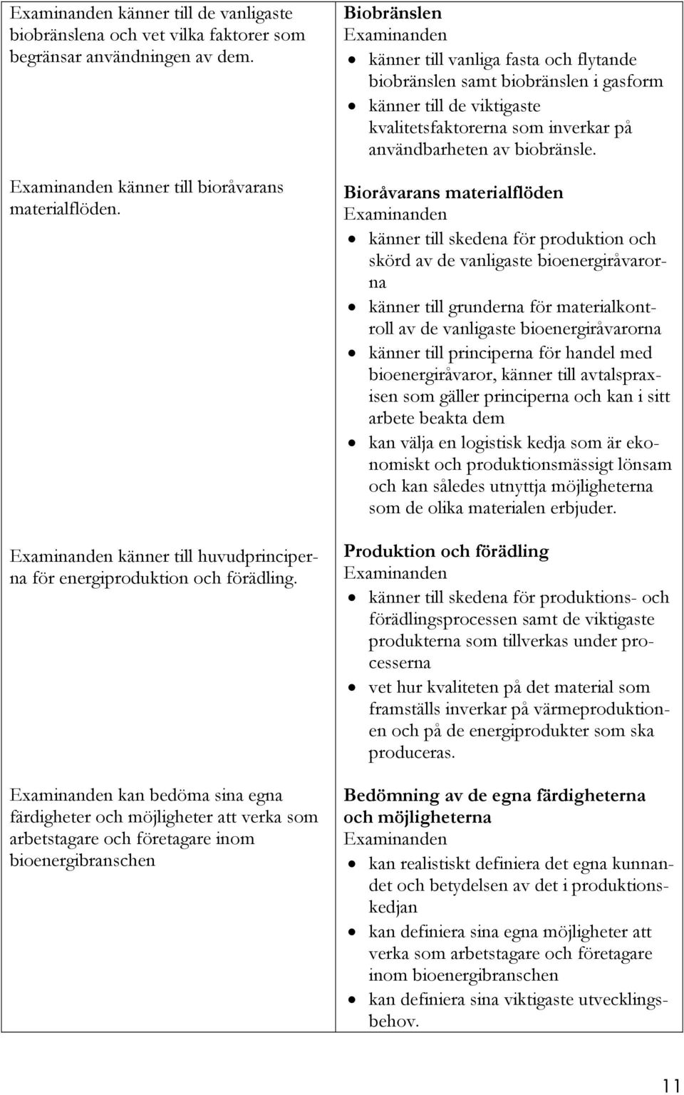kan bedöma sina egna färdigheter och möjligheter att verka som arbetstagare och företagare inom bioenergibranschen Biobränslen känner till vanliga fasta och flytande biobränslen samt biobränslen i