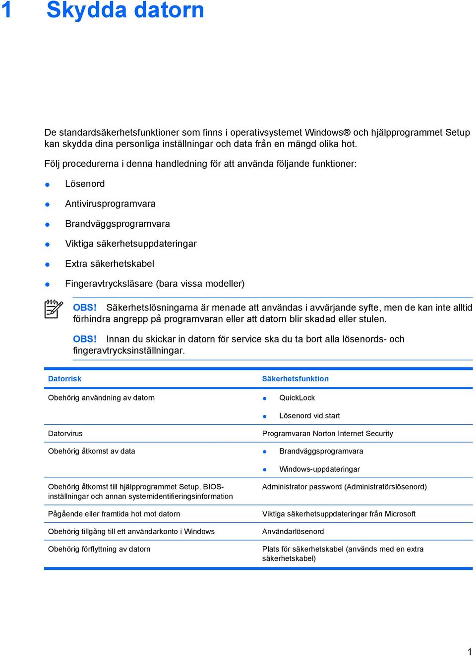 (bara vissa modeller) OBS! Säkerhetslösningarna är menade att användas i avvärjande syfte, men de kan inte alltid förhindra angrepp på programvaran eller att datorn blir skadad eller stulen. OBS! Innan du skickar in datorn för service ska du ta bort alla lösenords- och fingeravtrycksinställningar.