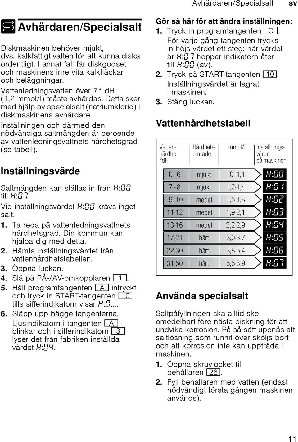 Detta sker med hjälp av specialsalt (natriumklorid) i diskmaskinens avhärdare Inställningen och därmed den nödvändiga saltmängden är beroende av vattenledningattnets hårdhetsgrad (se tabell).