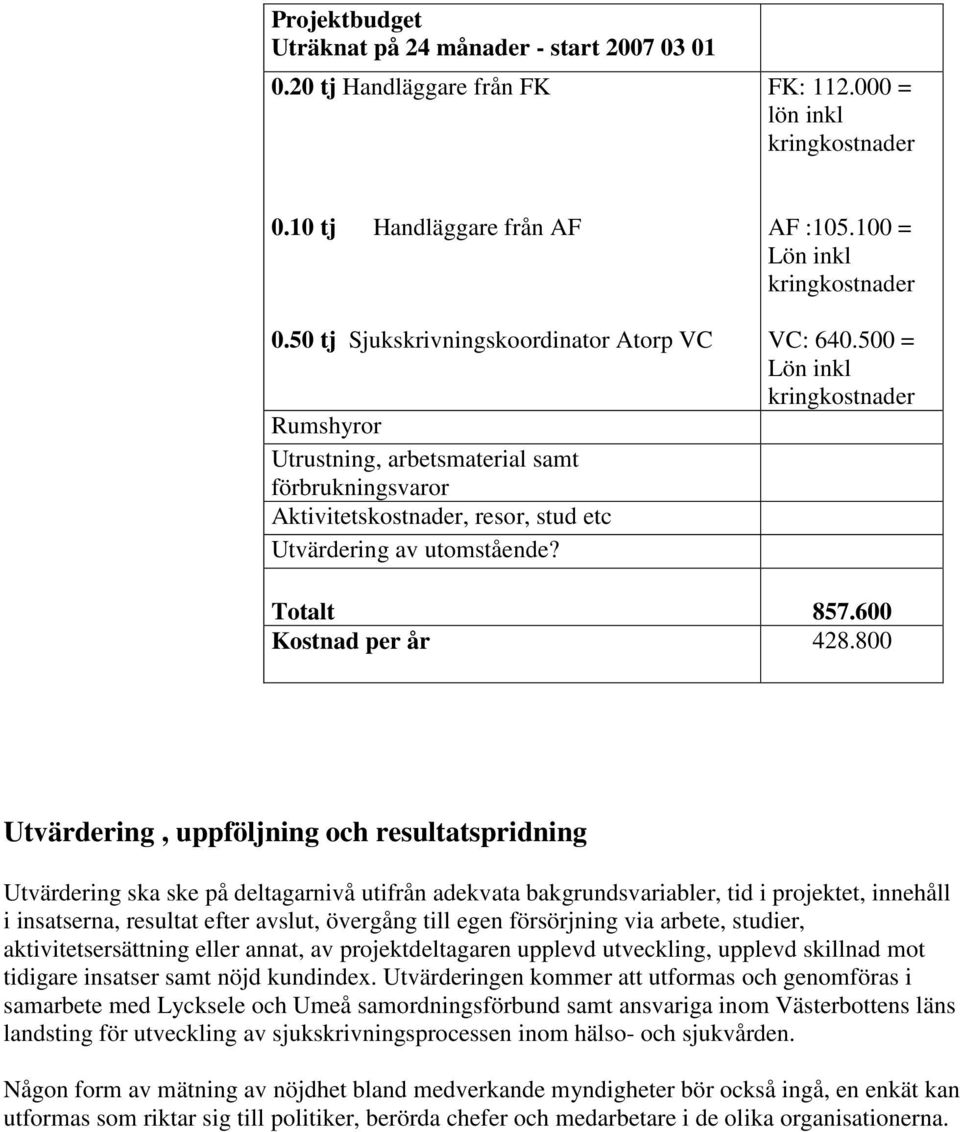 100 = Lön inkl kringkostnader VC: 640.500 = Lön inkl kringkostnader Totalt 857.600 Kostnad per år 428.