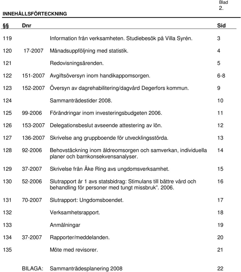 10 125 99-2006 Förändringar inom investeringsbudgeten 2006. 11 126 153-2007 Delegationsbeslut avseende attestering av lön. 12 127 136-2007 Skrivelse ang gruppboende för utvecklingsstörda.