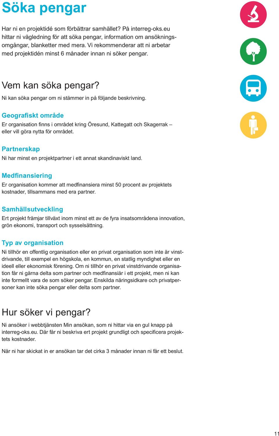 Geografiskt område Er organisation finns i området kring Öresund, Kattegatt och Skagerrak eller vill göra nytta för området. Partnerskap Ni har minst en projektpartner i ett annat skandinaviskt land.