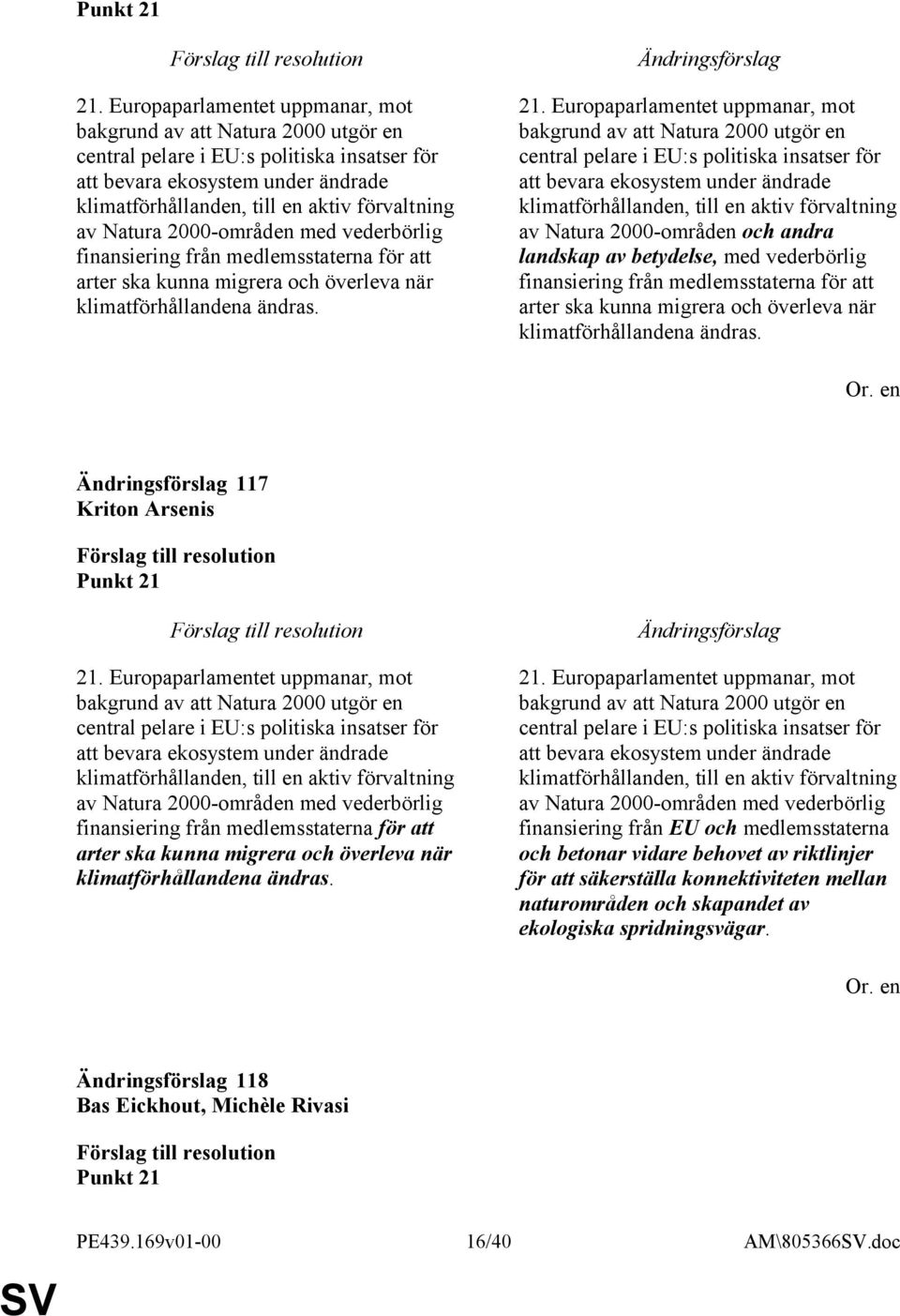 Natura 2000-områden med vederbörlig finansiering från medlemsstaterna för att arter ska kunna migrera och överleva när klimatförhållandena ändras. 21.