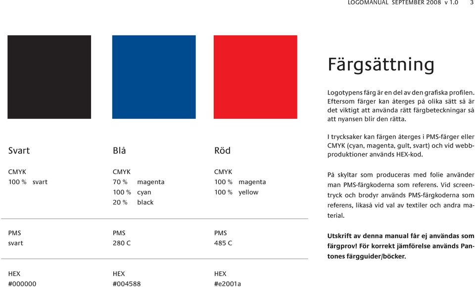 Svart Blå Röd I trycksaker kan färgen återges i PMS-färger eller CMYK (cyan, magenta, gult, svart) och vid webbproduktioner används HEX-kod.