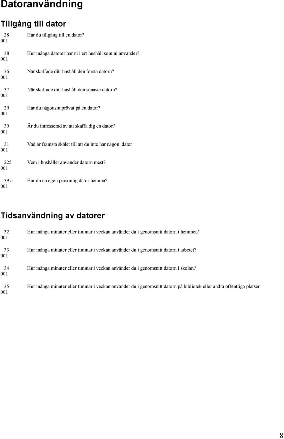 31 Vad är främsta skälet till att du inte har någon dator 225 Vem i hushållet använder datorn mest? 39 a Har du en egen personlig dator hemma?