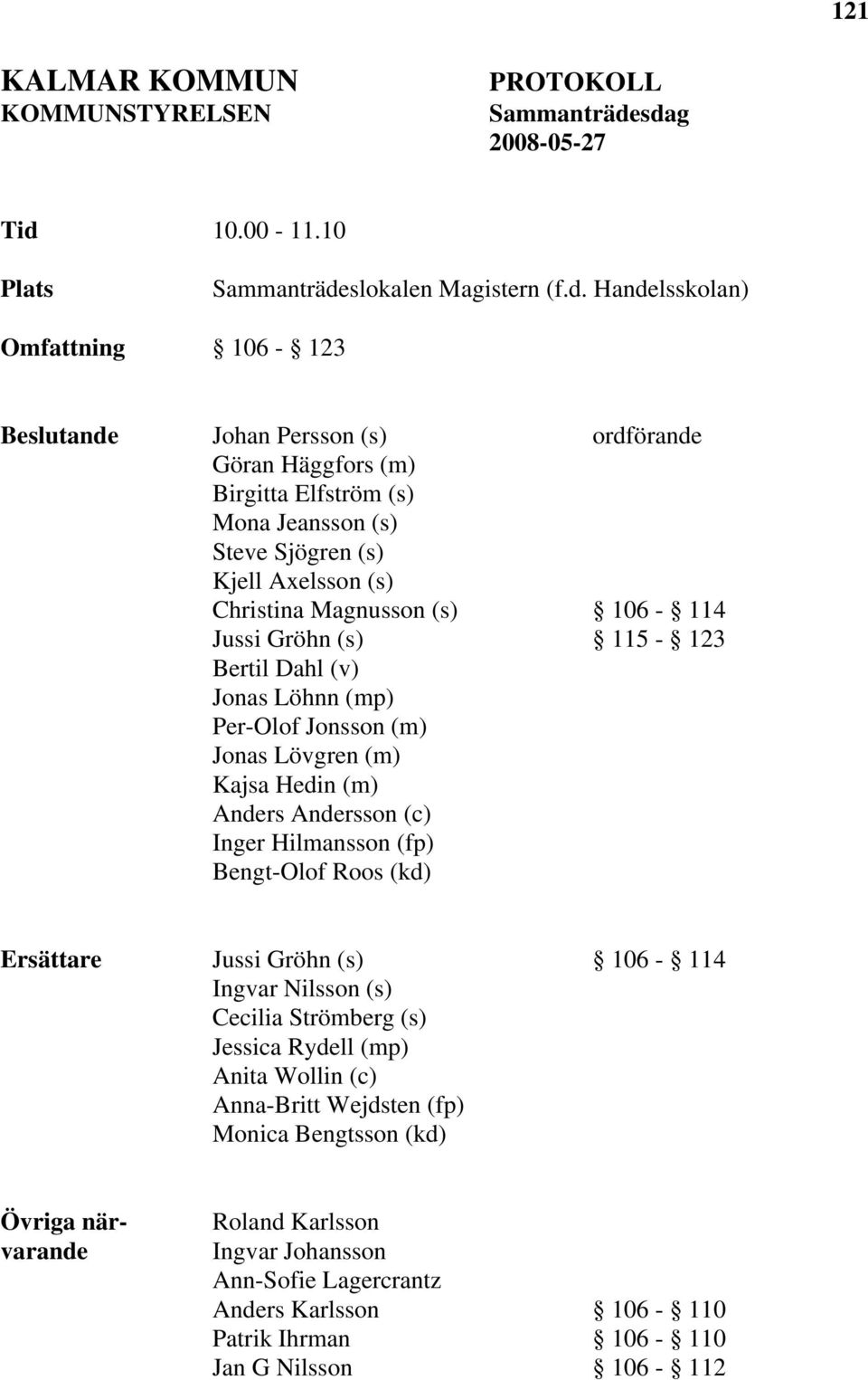 (s) Steve Sjögren (s) Kjell Axelsson (s) Christina Magnusson (s) 106-114 Jussi Gröhn (s) 115-123 Bertil Dahl (v) Jonas Löhnn (mp) Per-Olof Jonsson (m) Jonas Lövgren (m) Kajsa Hedin (m) Anders