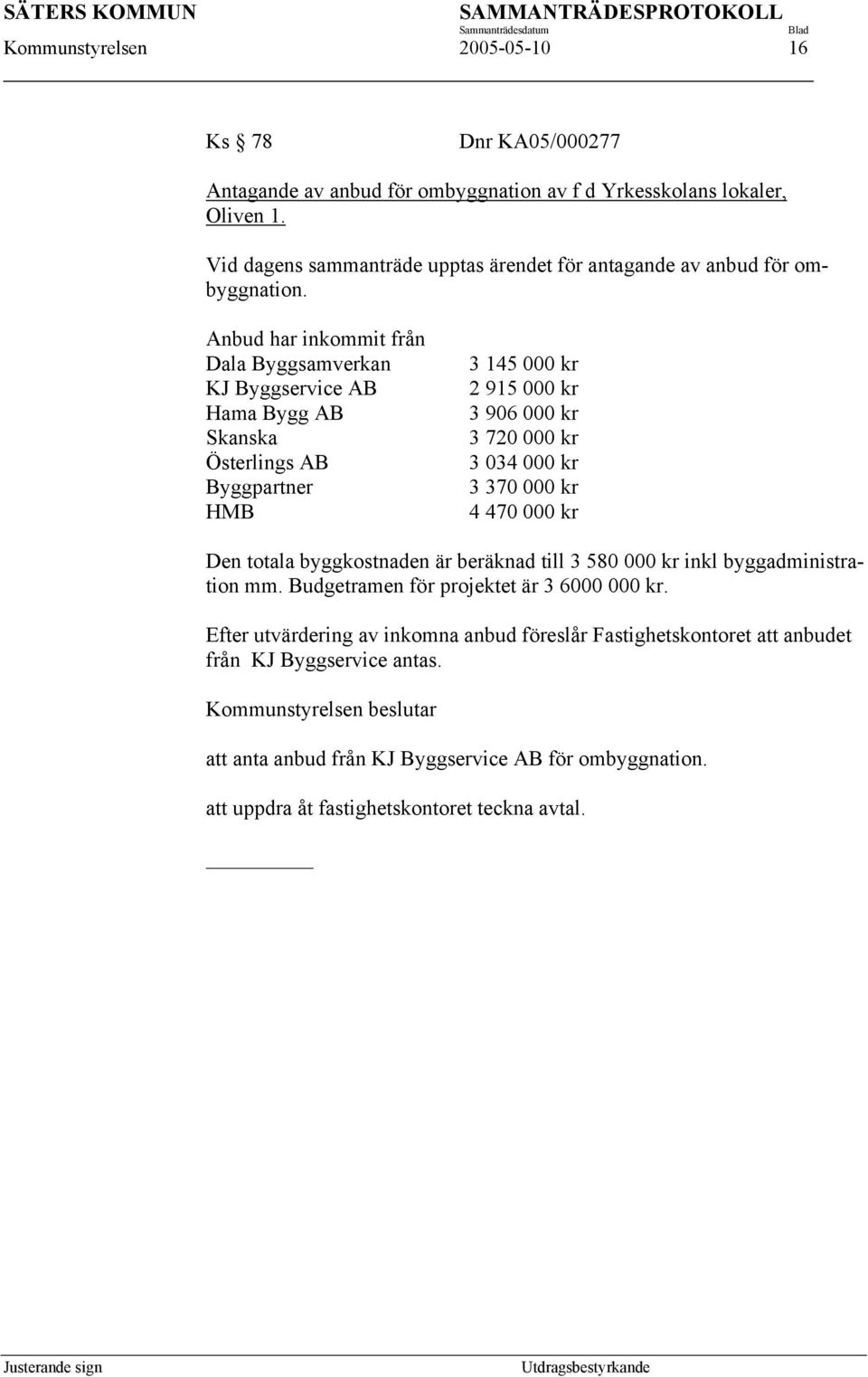 Anbud har inkommit från Dala Byggsamverkan KJ Byggservice AB Hama Bygg AB Skanska Österlings AB Byggpartner HMB 3 145 000 kr 2 915 000 kr 3 906 000 kr 3 720 000 kr 3 034 000 kr 3 370