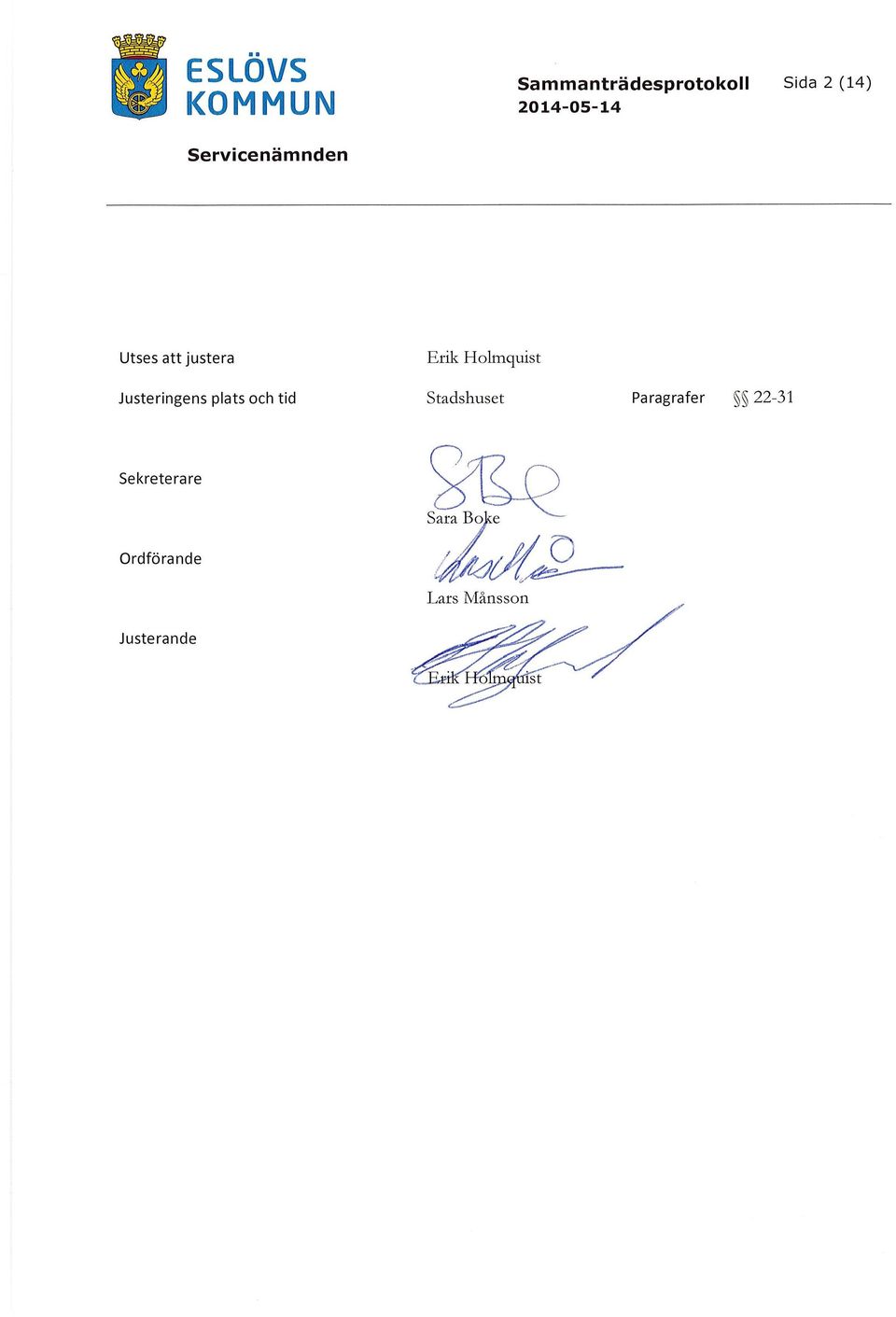 Stadshuset Paragrafer 22-31 Sekreterare