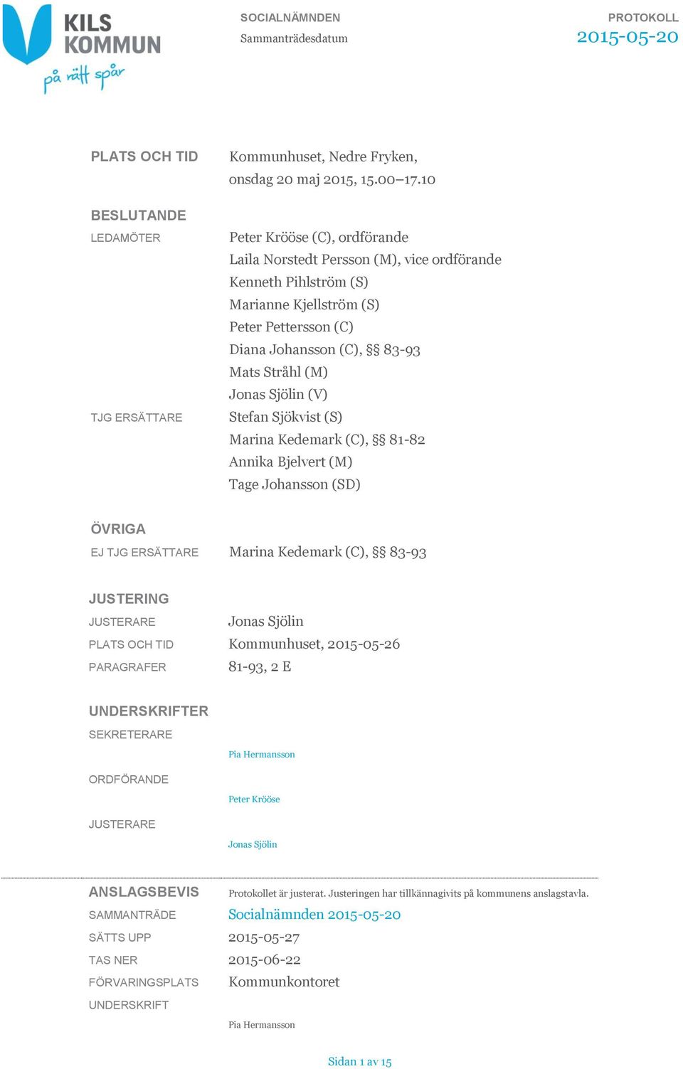 (V) Stefan Sjökvist (S) Marina Kedemark (C), 81-82 Annika Bjelvert (M) Tage Johansson (SD) ÖVRIGA EJ TJG ERSÄTTARE Marina Kedemark (C), 83-93 JUSTERING JUSTERARE Jonas Sjölin PLATS OCH TID