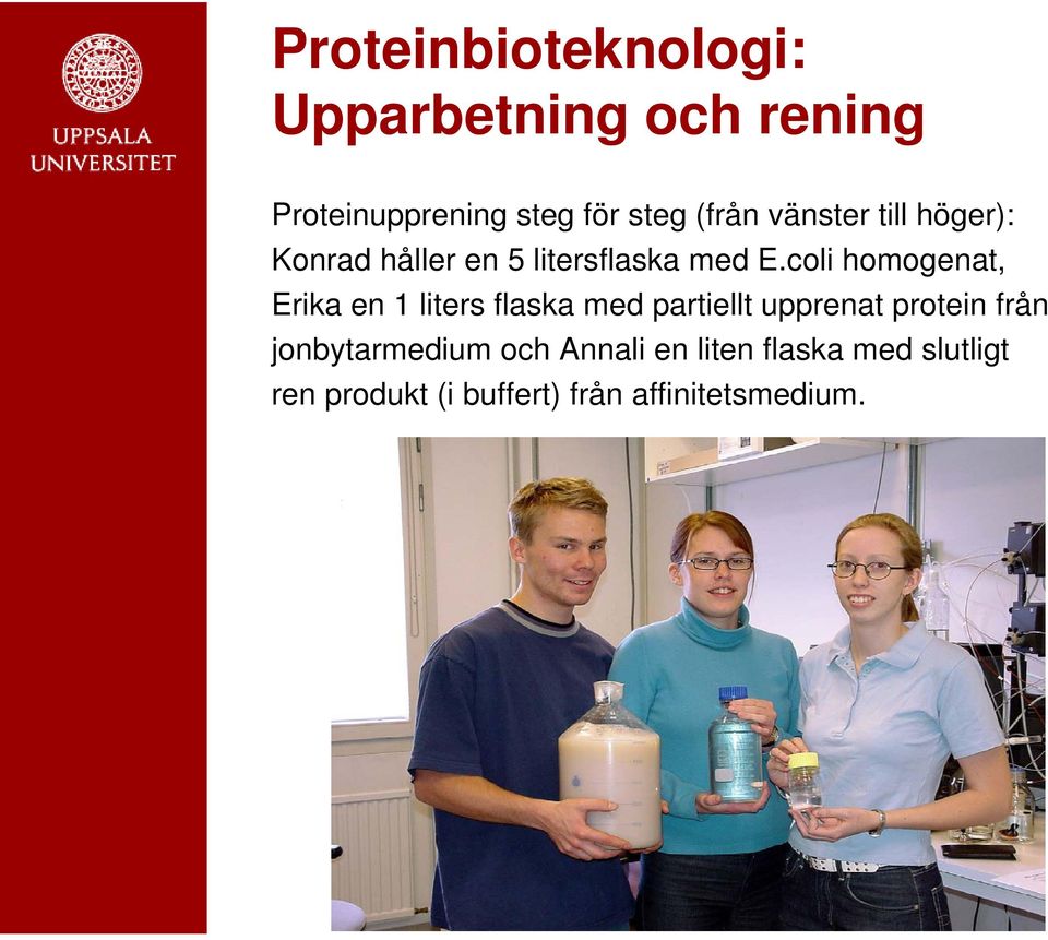 coli homogenat, Erika en 1 liters flaska med partiellt upprenat protein från