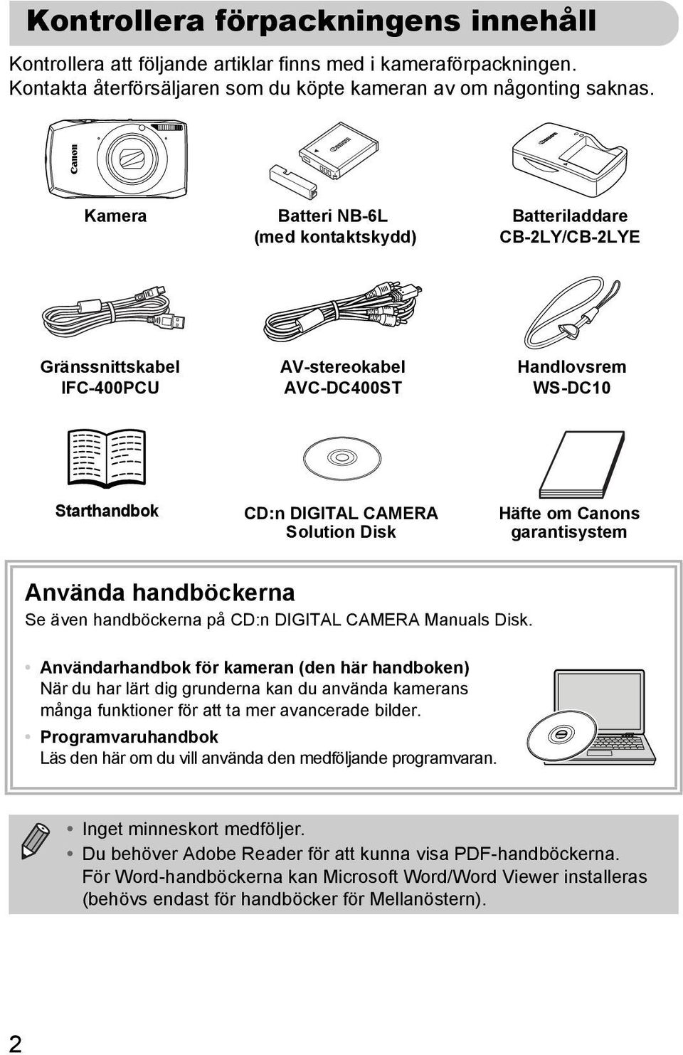 om Canons garantisystem Använda handböckerna Se även handböckerna på CD:n DIGITAL CAMERA Manuals Disk.