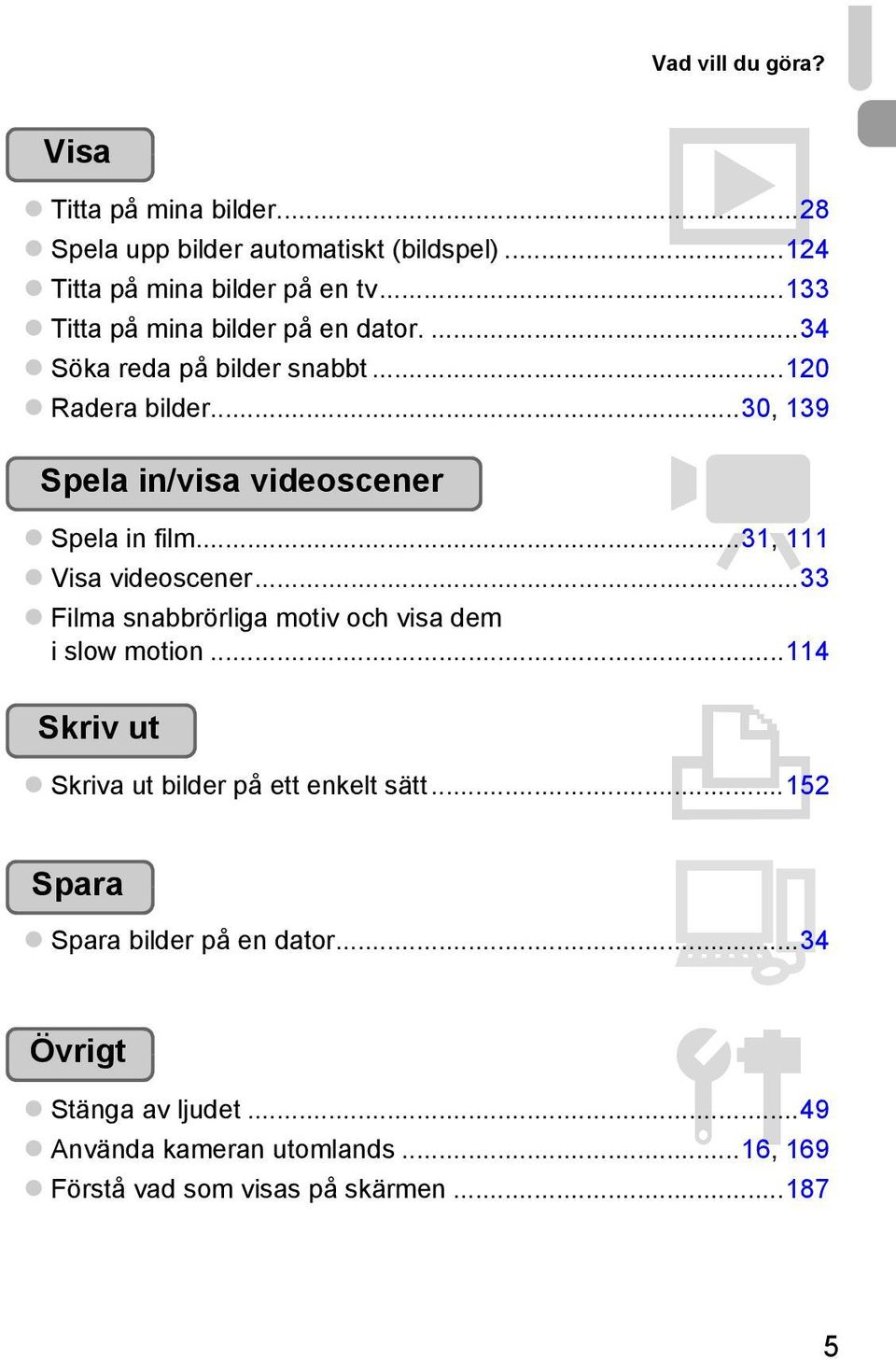 ..30, 139 Spela in/visa videoscener E Spela in film...31, 111 Visa videoscener...33 Filma snabbrörliga motiv och visa dem i slow motion.