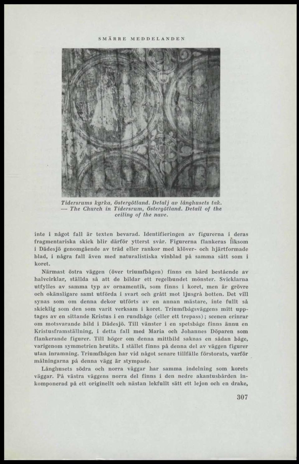 Figurerna flankeras liksom i Dädesjö genomgående av träd eller rankor med klöver- och hjärtformadc blad, i några fall även med naturalistiska vinblad på samma sätt som i koret.