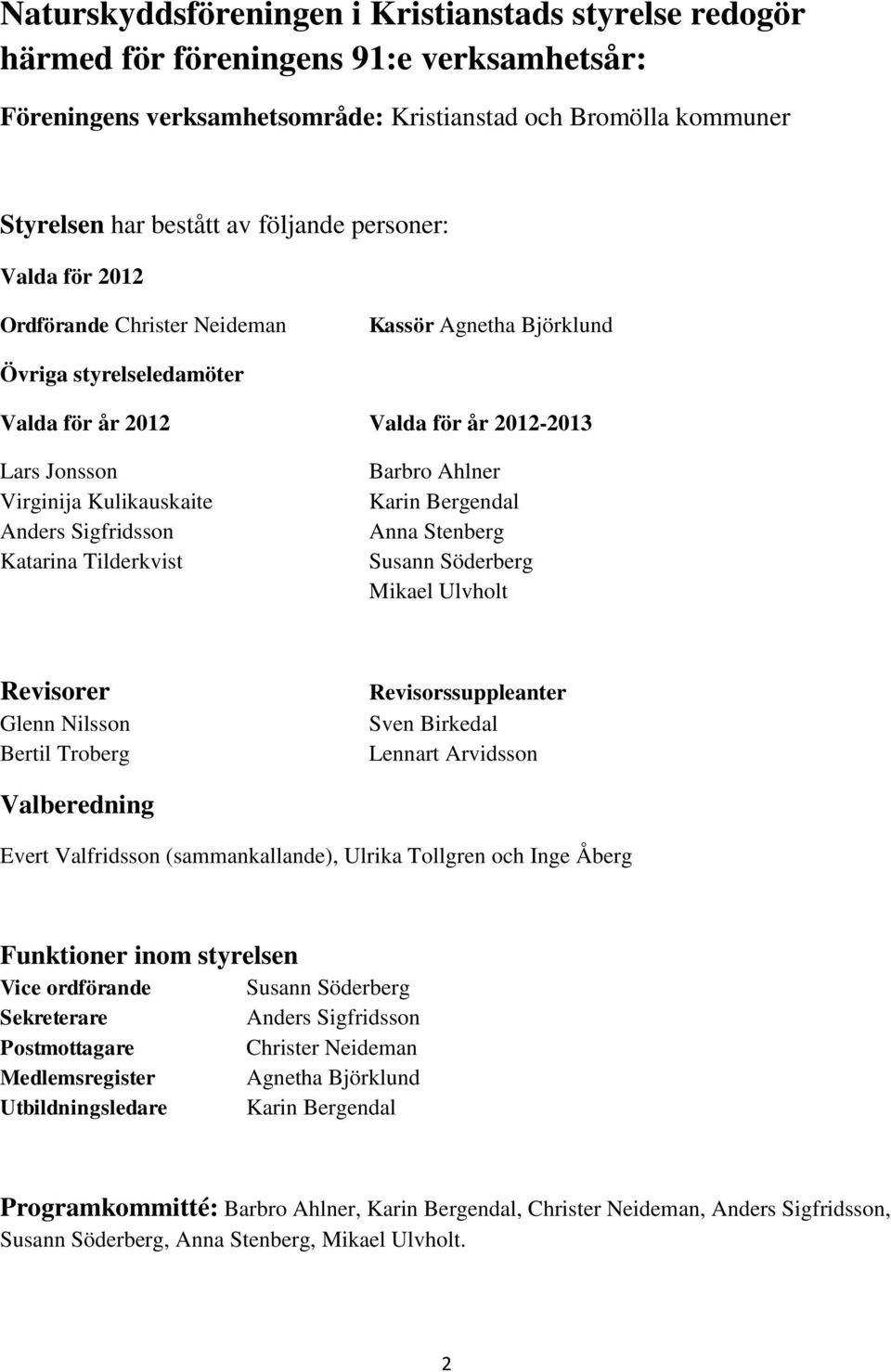Tilderkvist Barbro Ahlner Karin Bergendal Anna Stenberg Susann Söderberg Mikael Ulvholt Revisorer Glenn Nilsson Bertil Troberg Revisorssuppleanter Sven Birkedal Lennart Arvidsson Valberedning Evert