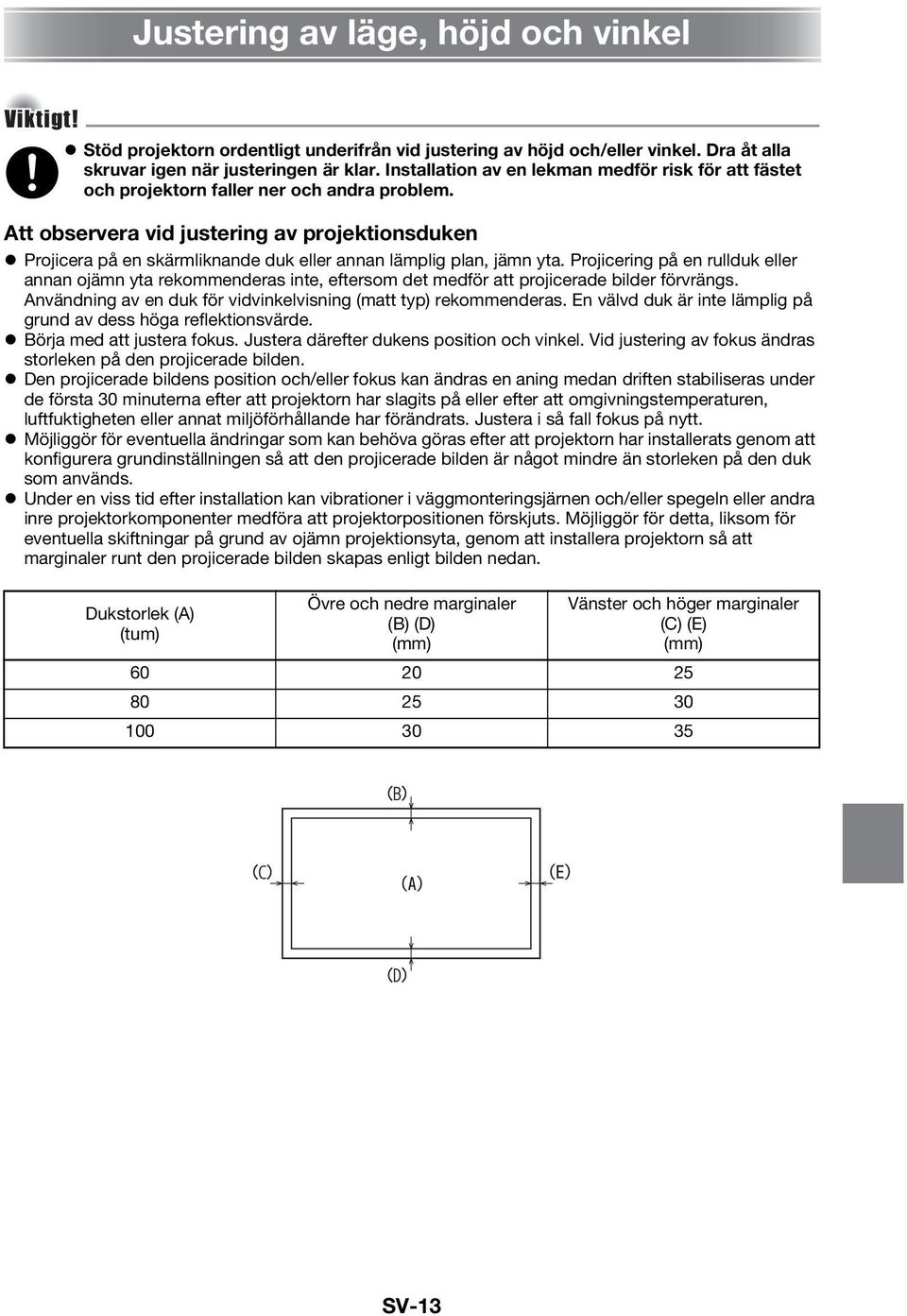 Att observera vid justering av projektionsduken Projicera på en skärmliknande duk eller annan lämplig plan, jämn yta.