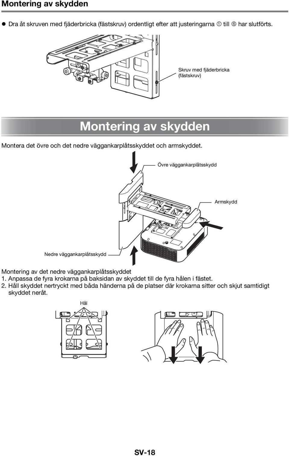 Övre väggankarplåtsskydd Armskydd Nedre väggankarplåtsskydd Montering av det nedre väggankarplåtsskyddet 1.