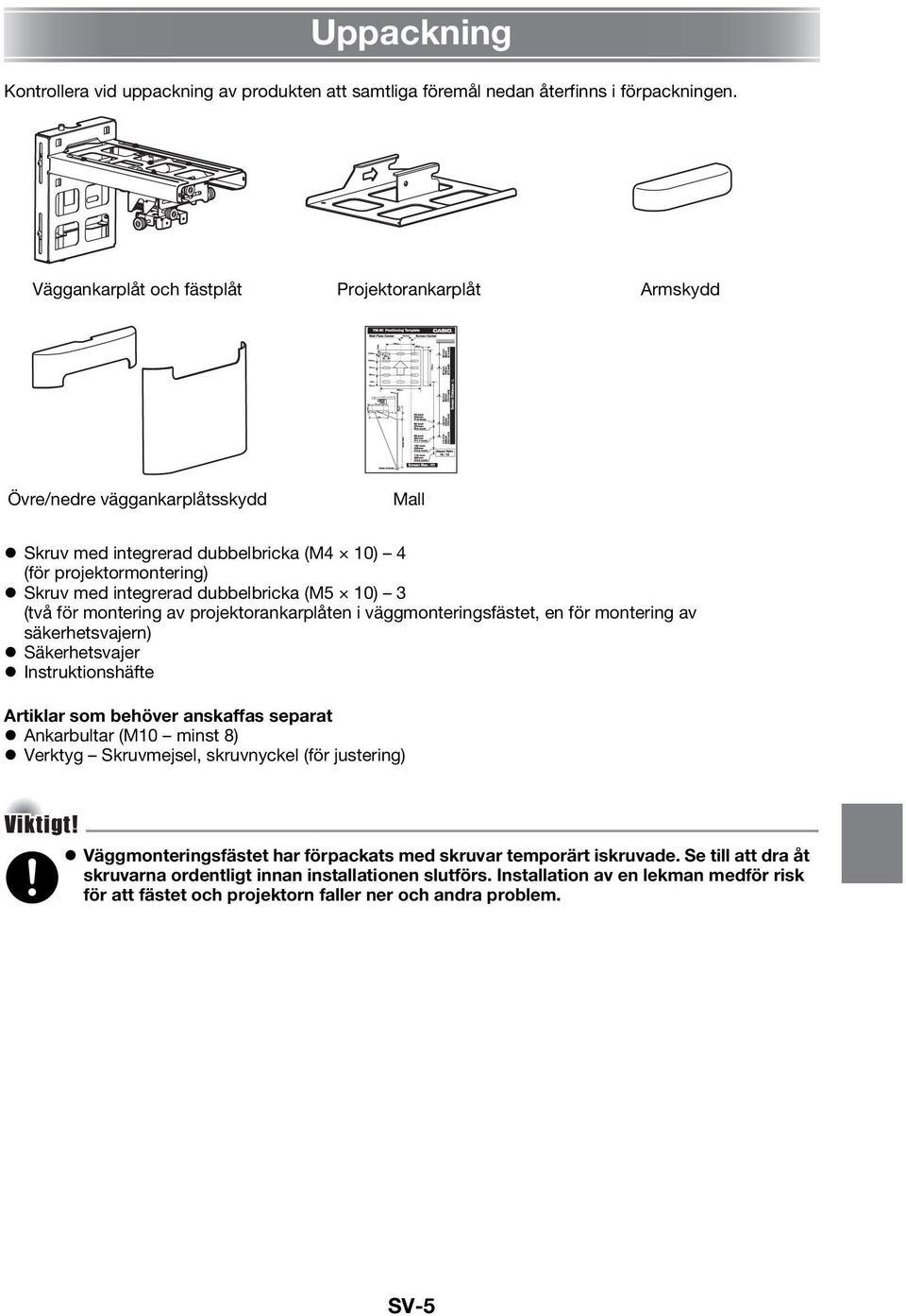10) 3 (två för montering av projektorankarplåten i väggmonteringsfästet, en för montering av säkerhetsvajern) Säkerhetsvajer Instruktionshäfte Artiklar som behöver anskaffas separat Ankarbultar (M10