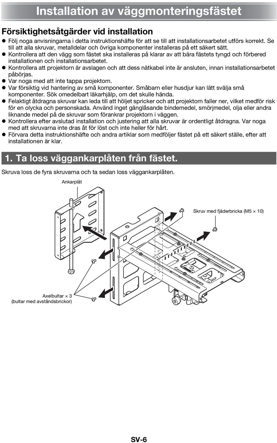Kontrollera att den vägg som fästet ska installeras på klarar av att bära fästets tyngd och förbered installationen och installationsarbetet.