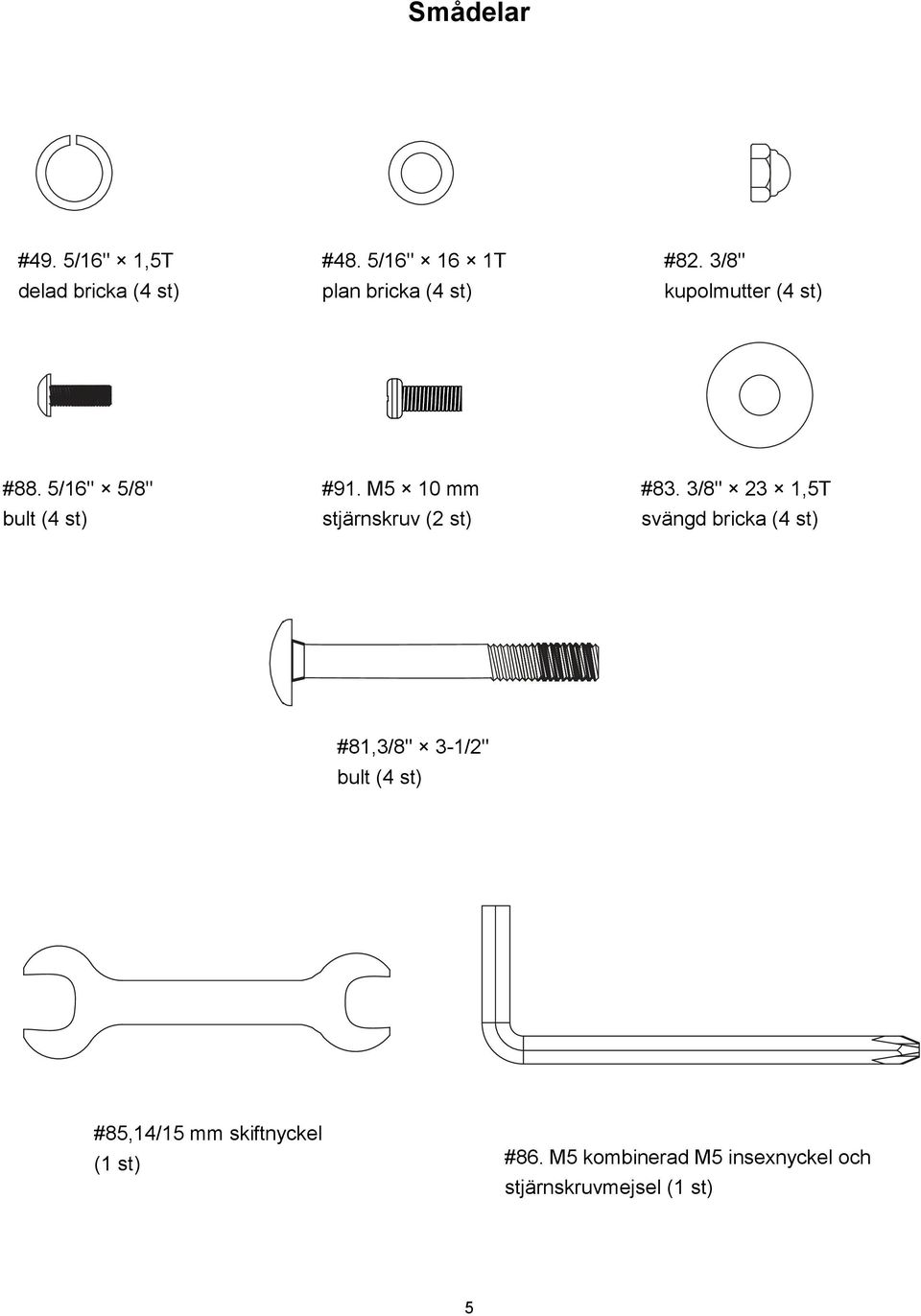 5/16" 5/8" bult (4 st) #91. M5 10 mm stjärnskruv (2 st) #83.