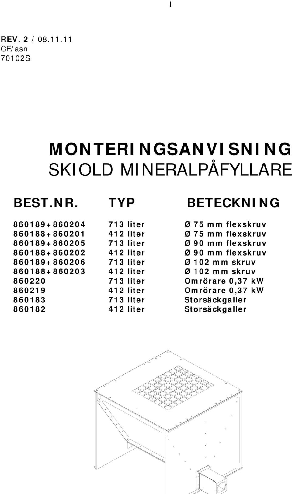 liter Ø 90 mm flexskruv 860188+860202 412 liter Ø 90 mm flexskruv 860189+860206 713 liter Ø 102 mm skruv 860188+860203