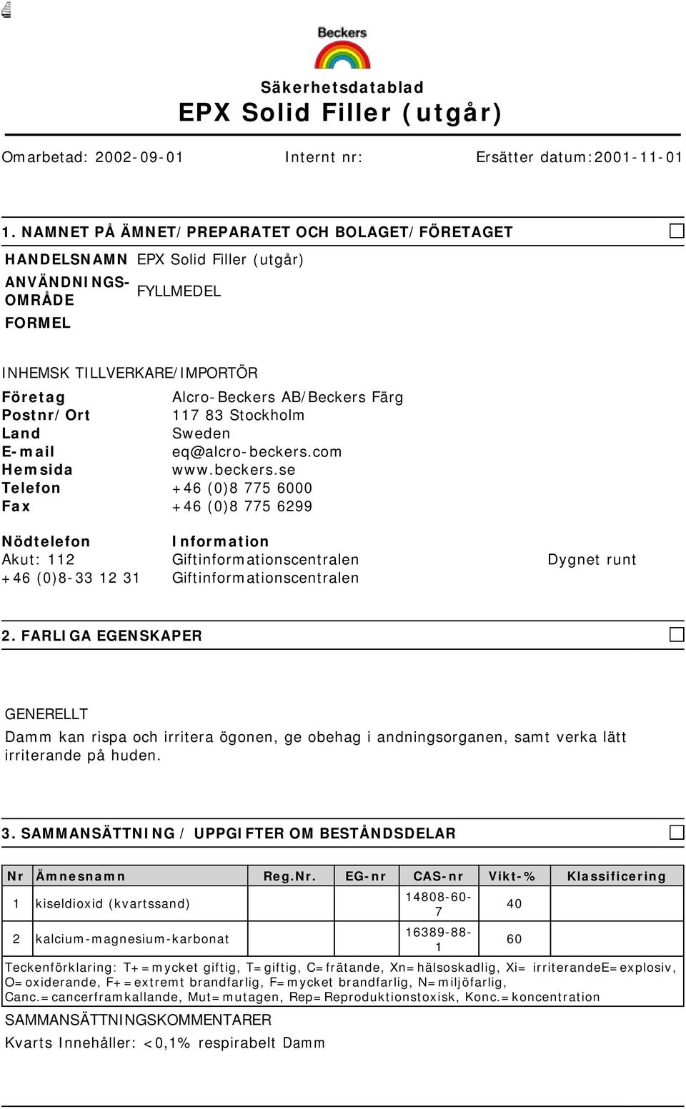 Postnr/Ort 117 83 Stockholm Land Sweden E-mail eq@alcro-beckers.